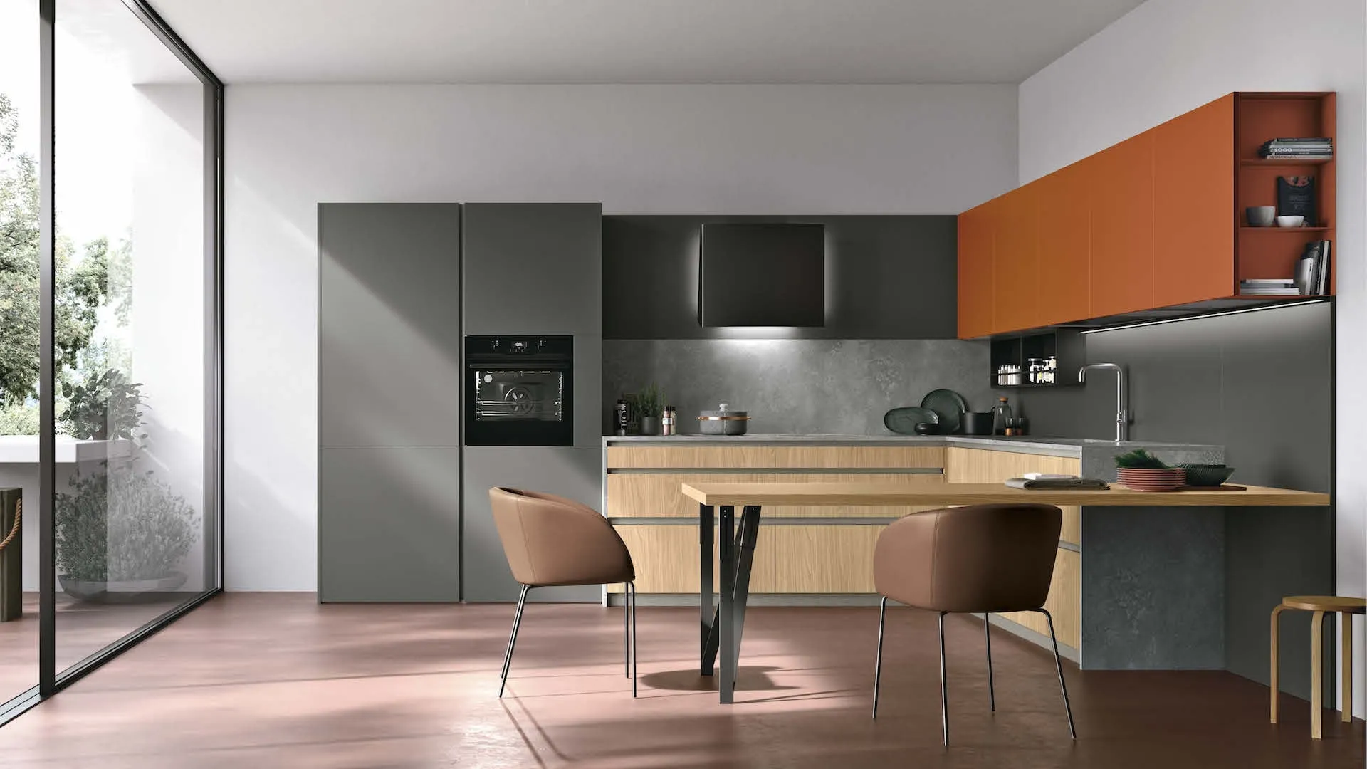 13. Basi Rovere Sole, colonne Pet Canna di fucile opaco. Pensili in laccato Lavaredo. Top Neolith® New York Silk.