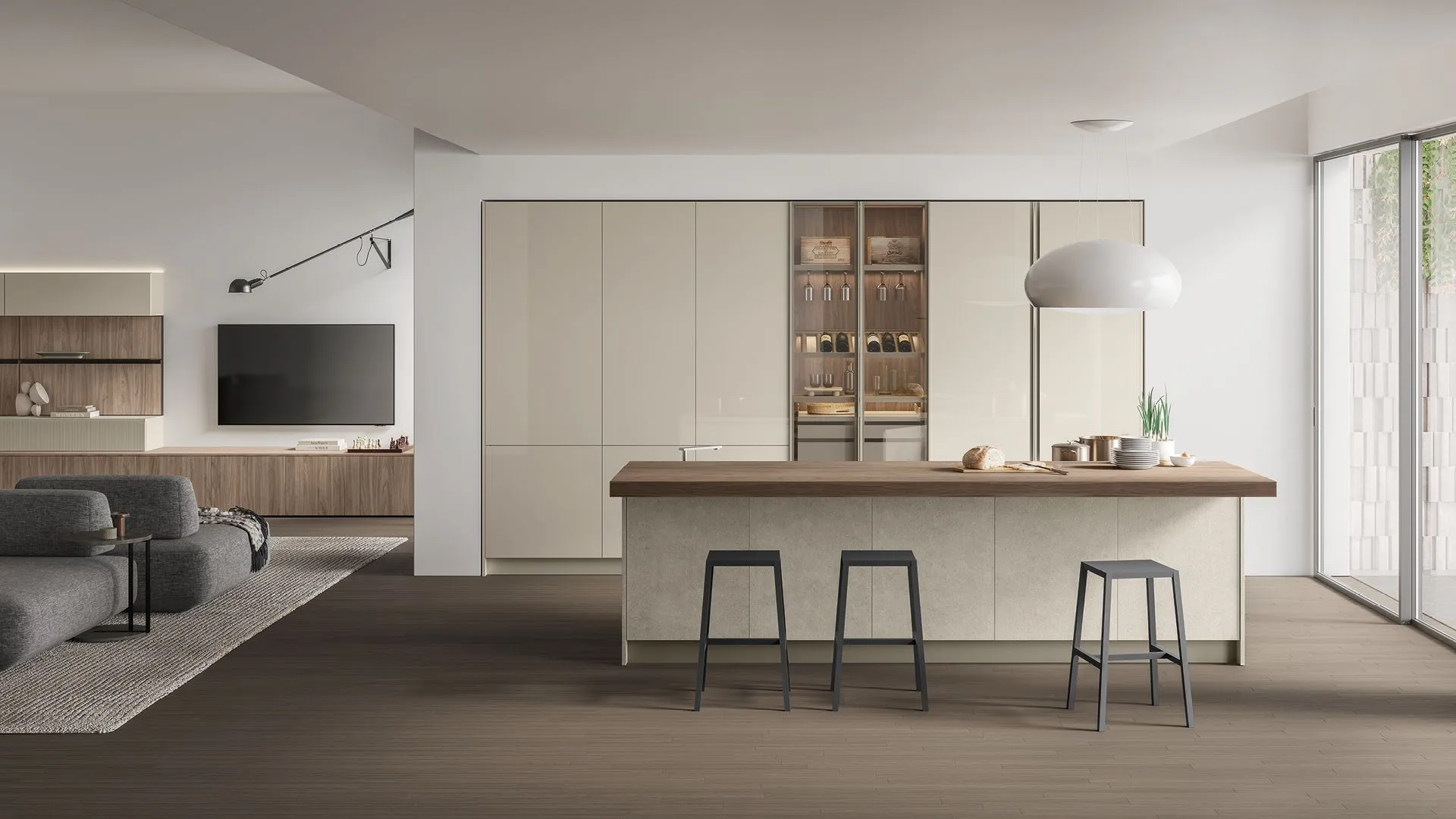 Thermo-structured Noce Eucalipto, gloss Canapa lacquer, Shilin Neolith worktop