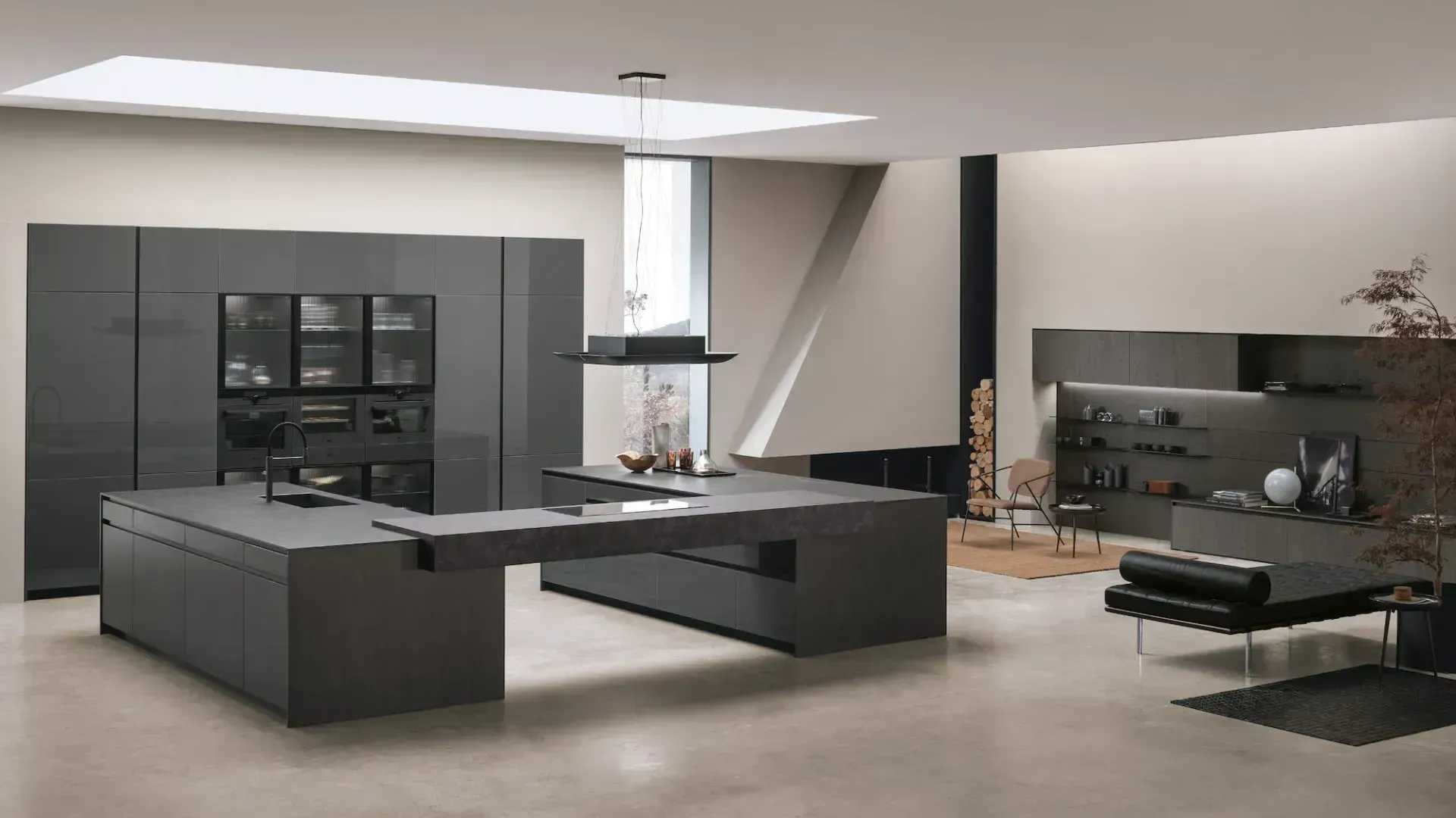 Islands in Neolith® Basalt Black Satin, boxed HPL Oxide top. Lava polished glass. Brushed Black grooves and plinth.