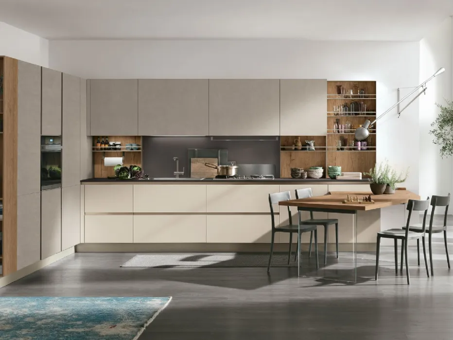 Thermo-structured Rovere Nodato, Cemento Visone laminate, matt Cachemere Pet, Grigio Aragona Fenix worktop.