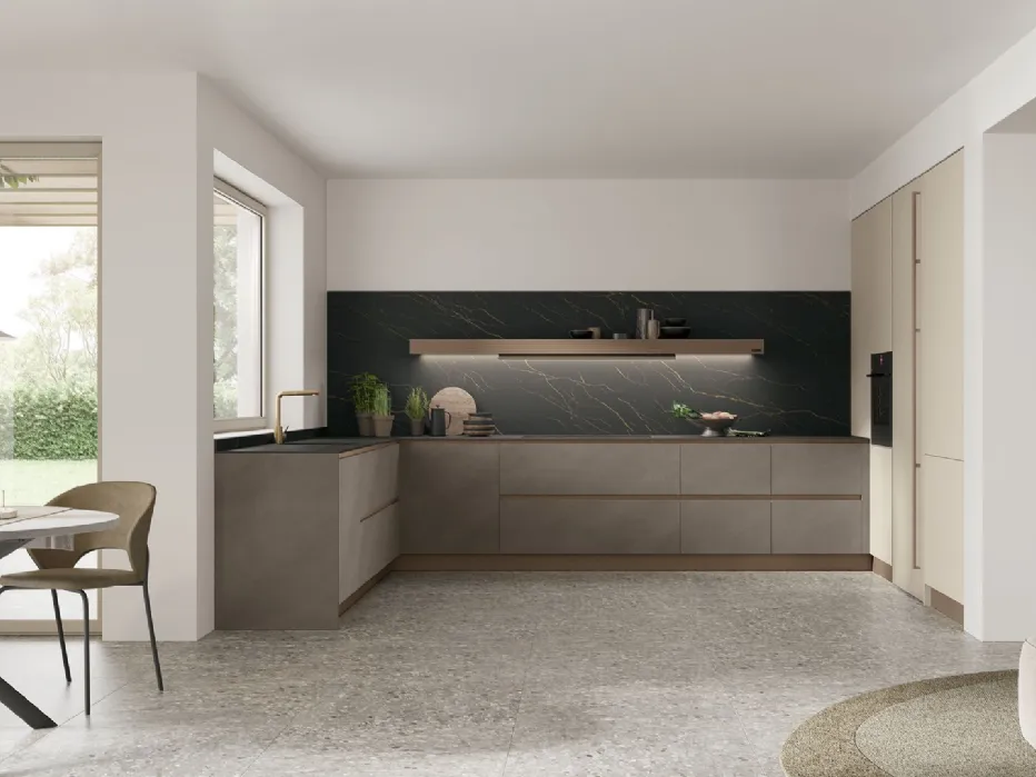 Matt Cachemere Pet, Malta Ombra laminate, Oro Nero HPL worktop.