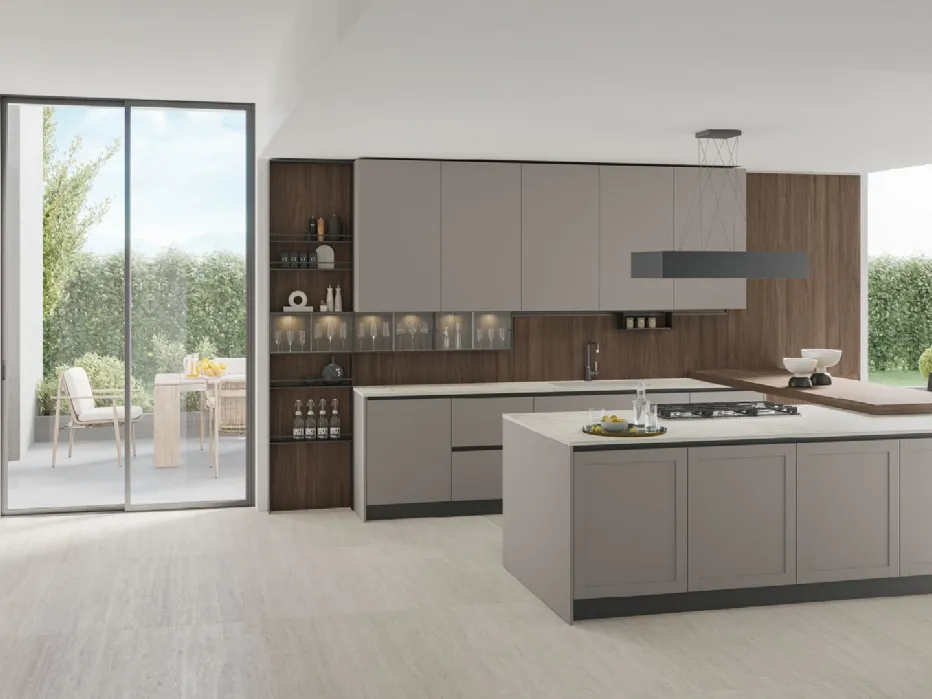 Thermo-structured Rovere Liquirizia, matt Grigio Fumo Pet, Dekton Entzo worktop.