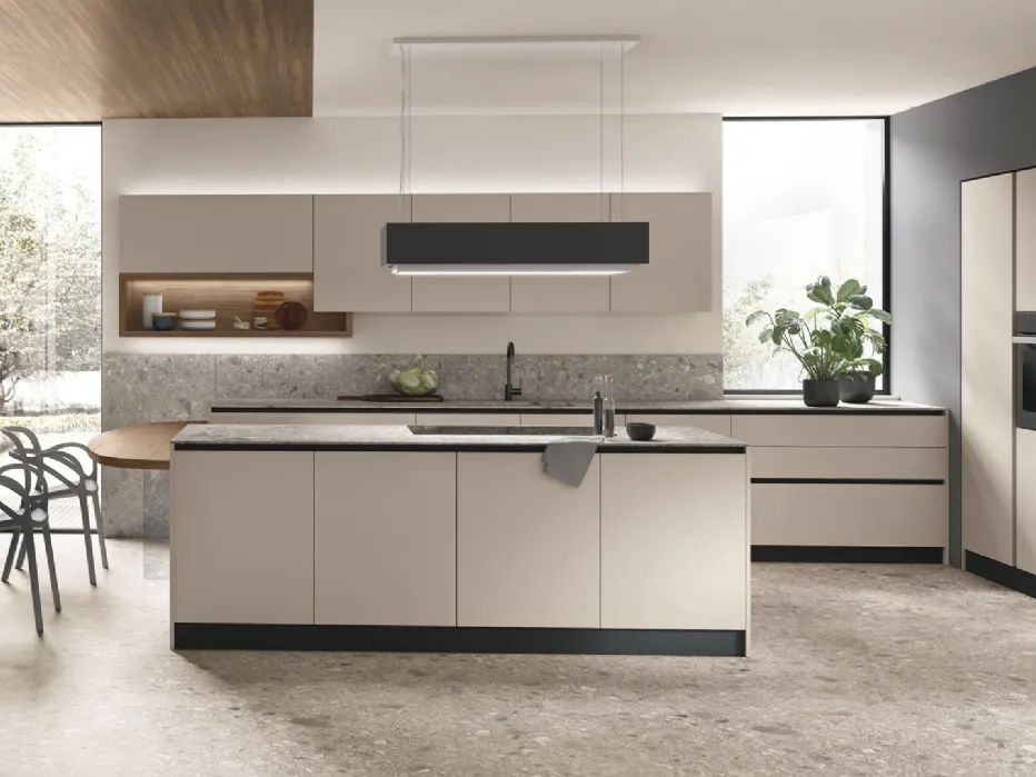 Thermo-structured Rovere Anice, matt Beige Seta Pet, Terrazo Ceppo Neolith worktop.