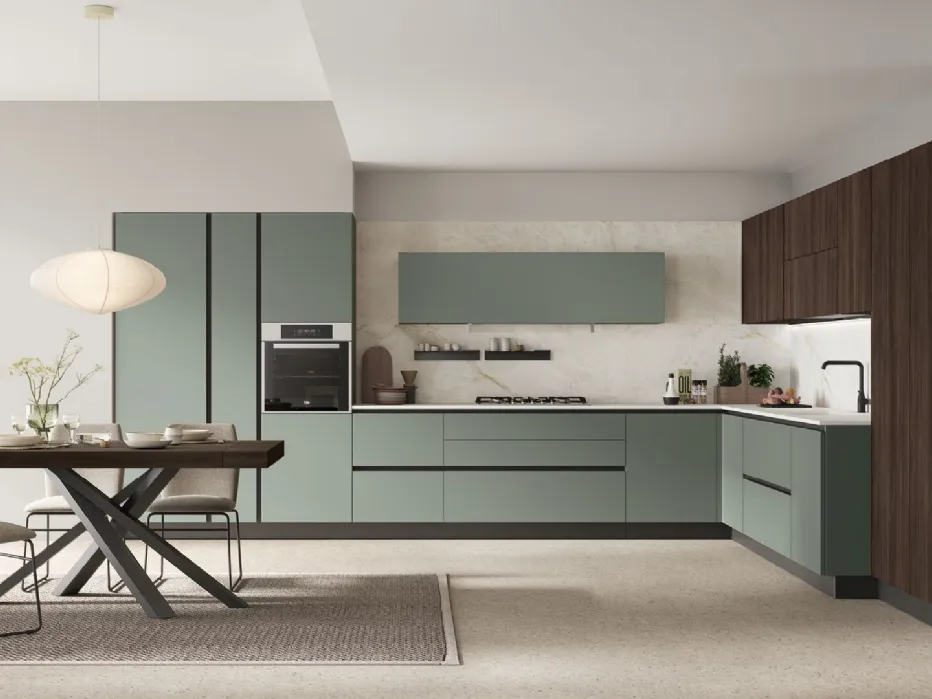 Thermo-structured Rovere Cumino, matt Verde Pistacchio Pet, Everest Neolith worktop.
