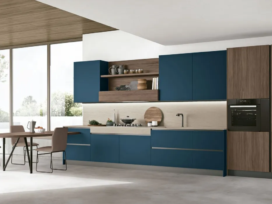 Thermo-structured Rovere Liquirizia, matt Blu Marino Pet, Travertino HPL worktop.