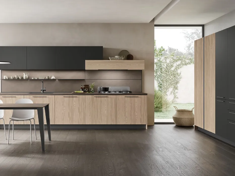 Thermo-structured Rovere Spiga, Matt Black Pet, Malta Ombra laminate worktop.