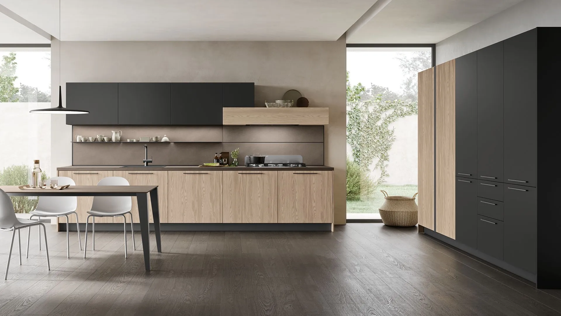 Thermo-structured Rovere Spiga, Matt Black Pet, Malta Ombra laminate worktop.