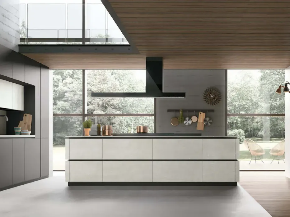 Island in textured Cement White with Petit Granit marble hob. Portal composition in matt Pet Grau and textured Cement White. Top in textured Cement White.