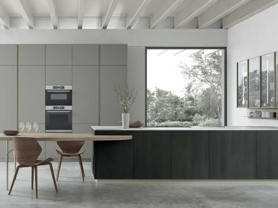 Black Larch bases, Eucalyptus Walnut oval top and display cabinets, Matt Smoke Grey Millerighe Pet columns