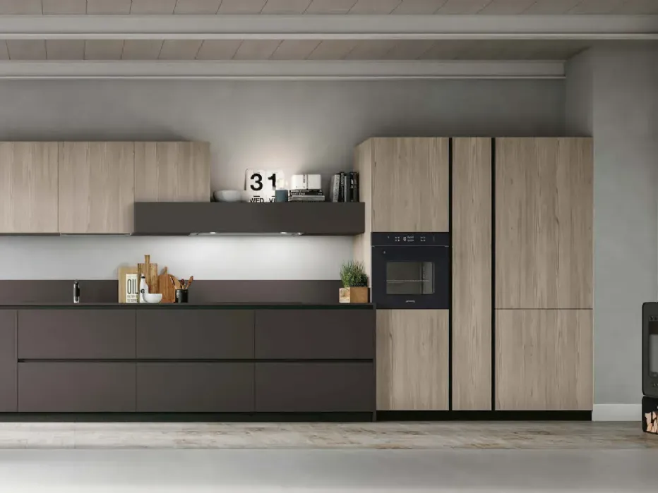 Fenix ​​Cacao Orinoco base units and wall units with hood, Sand Larch columns and wall units. Size Brushed Black open units with Sand Larch backsplashes. Fenix ​​Cacao Orinoco top.