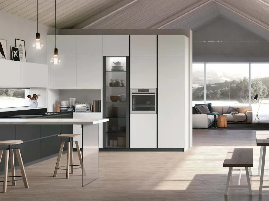 Matt black Pet base units, matt absolute white Pet wall units and columns. Ingo black Fenix ​​worktop. Calacatta laminate snack top.