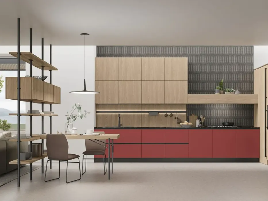 Marine Walnut, Coral, and a glossy Fossil Brown laminate countertop meet in the kitchen with their different materials and characteristics.
